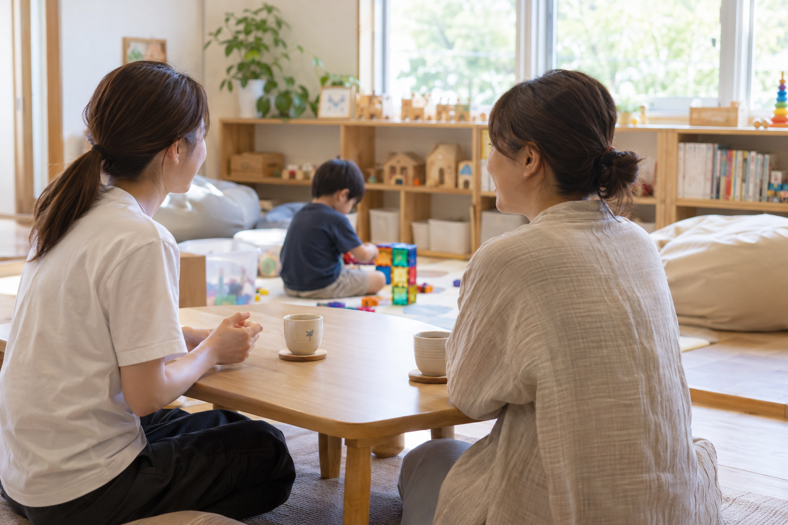 お子さまが遊ぶそばで、保護者とスタッフがお茶を飲みながら話す様子